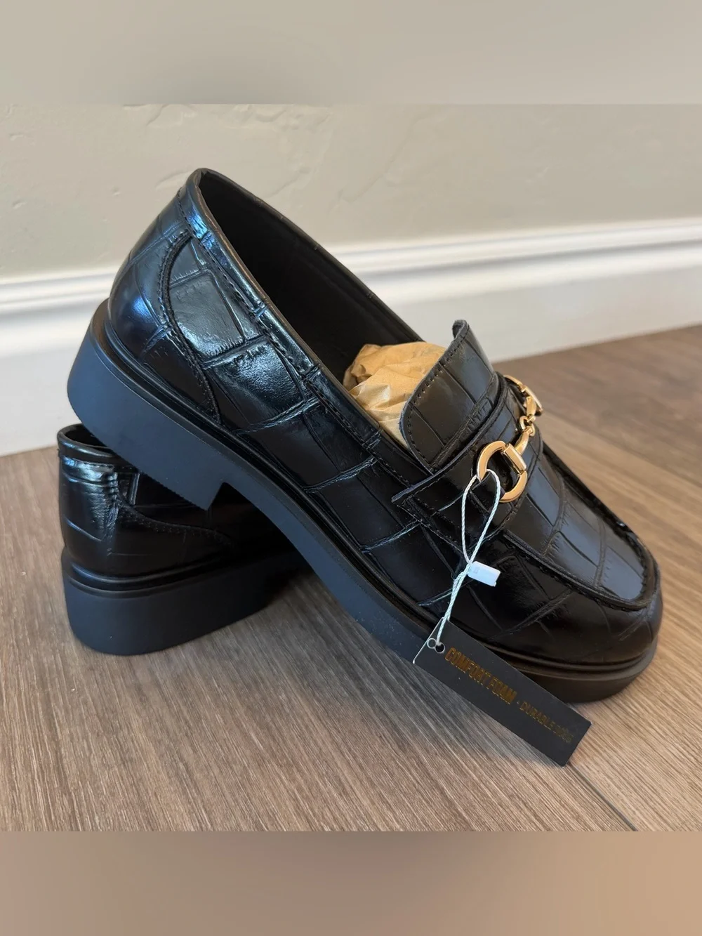 Women’s Black Croc-Embossed Slip-On Loafers with Gold Bit
